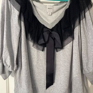 Anthropologie Gray Top with Black Lace & bow